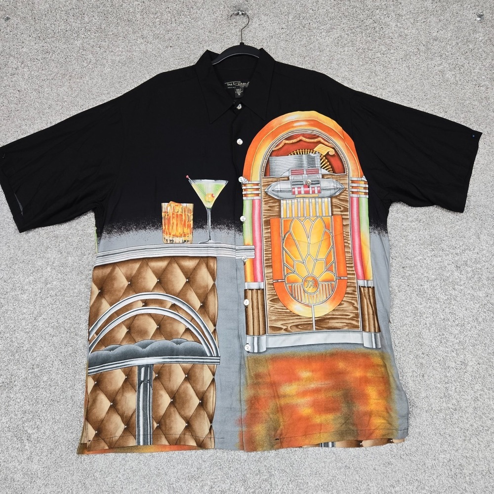 Tori Richard Mens XL Shirt Jukebox Martini bar graphic print black viscose VTG